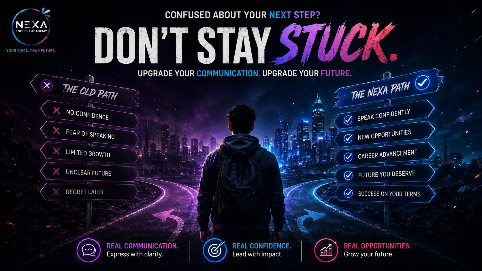 Two career paths showing the difference between staying stuck and developing communication confidence with NEXA