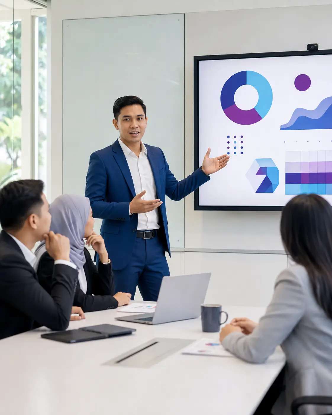 Malaysian professional delivering a structured presentation